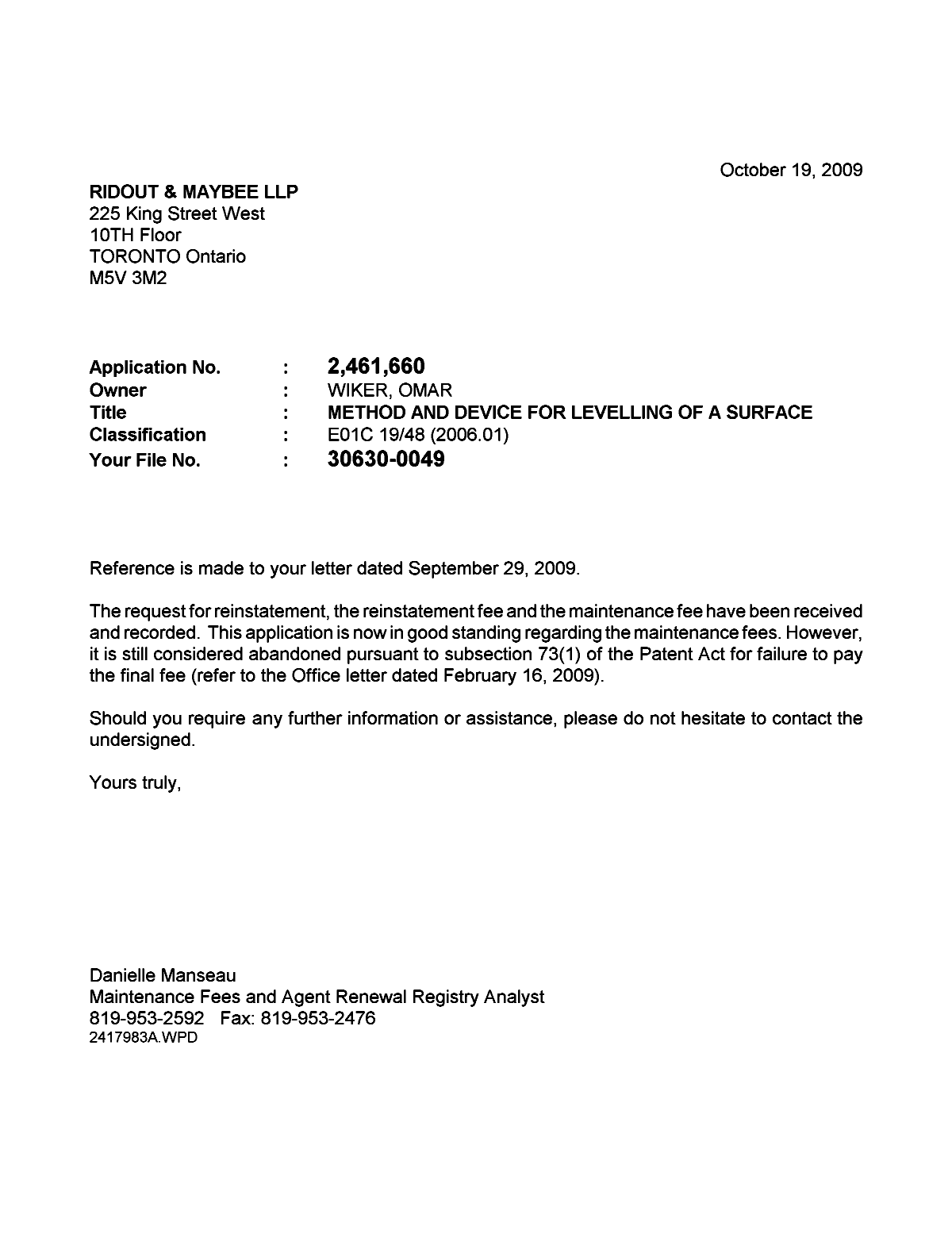 Document de brevet canadien 2461660. Correspondance 20091019. Image 1 de 1