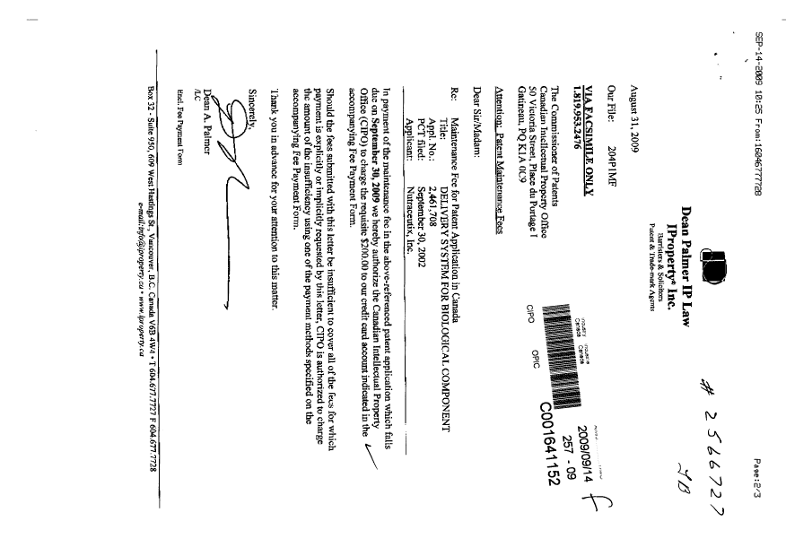 Document de brevet canadien 2461708. Taxes 20090914. Image 1 de 2