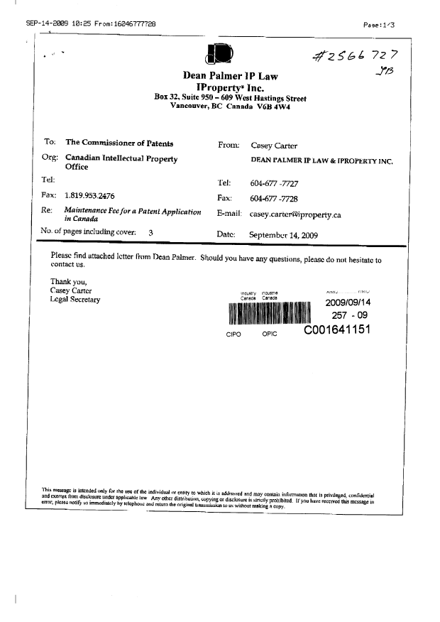 Document de brevet canadien 2461708. Taxes 20090914. Image 2 de 2