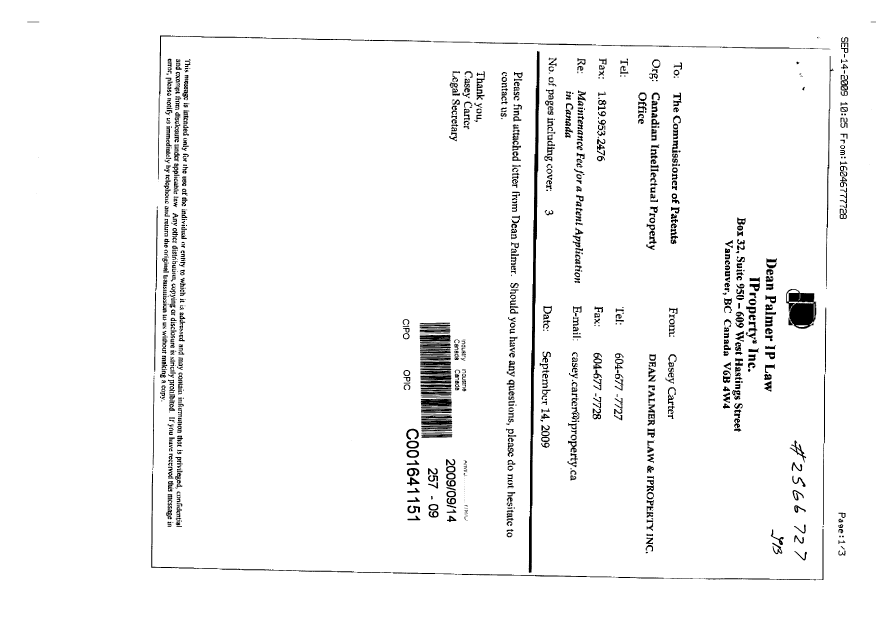 Canadian Patent Document 2461708. Fees 20090914. Image 2 of 2