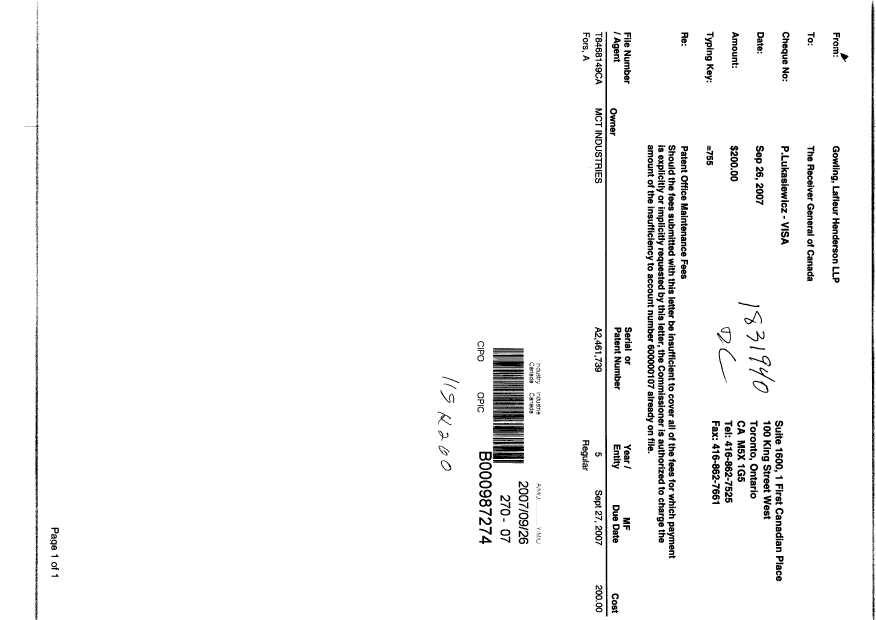 Document de brevet canadien 2461739. Taxes 20070926. Image 1 de 1
