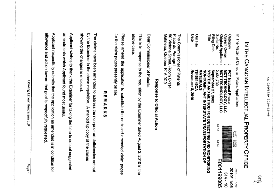 Canadian Patent Document 2461739. Prosecution-Amendment 20101108. Image 1 of 17