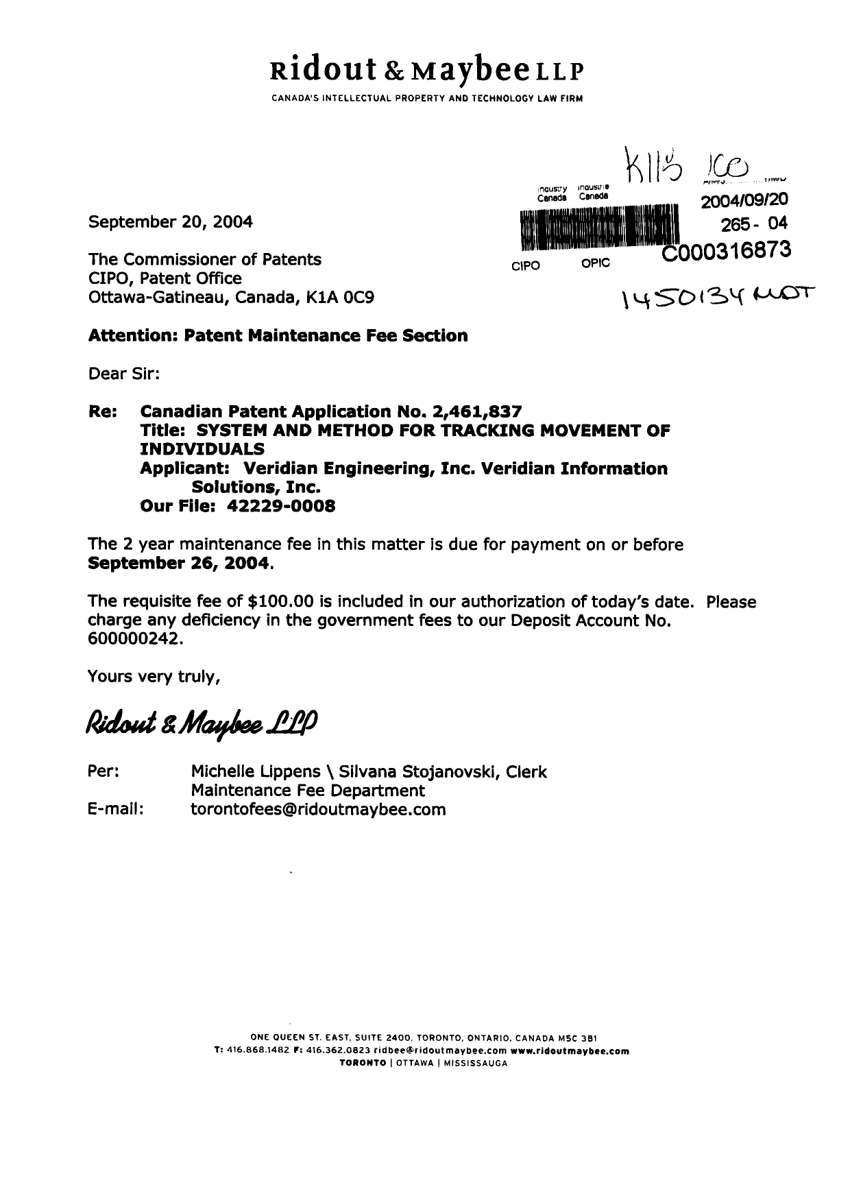 Document de brevet canadien 2461837. Taxes 20040920. Image 1 de 1