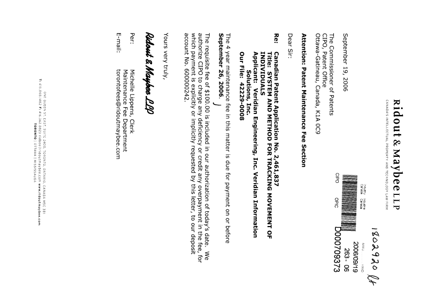 Document de brevet canadien 2461837. Taxes 20060919. Image 1 de 1
