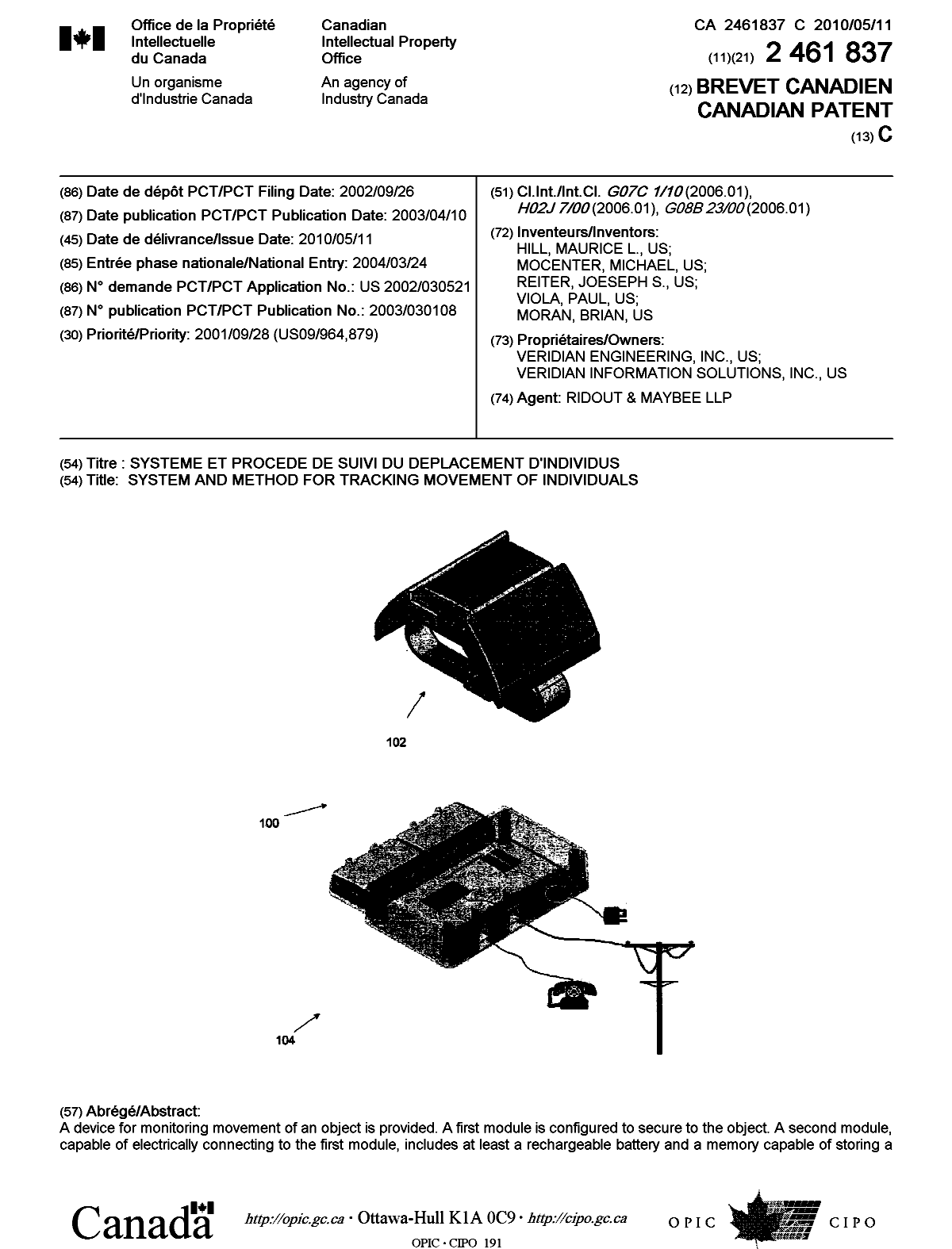 Document de brevet canadien 2461837. Page couverture 20100416. Image 1 de 2