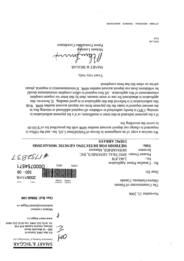 Canadian Patent Document 2461878. Assignment 20061115. Image 1 of 12