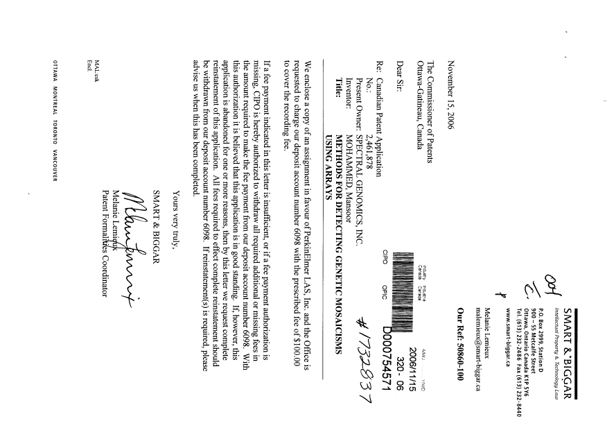 Document de brevet canadien 2461878. Cession 20061115. Image 1 de 12