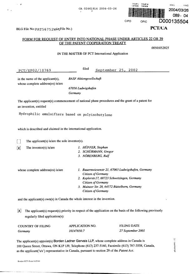 Document de brevet canadien 2461914. Cession 20040326. Image 2 de 4