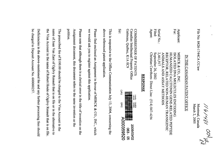 Document de brevet canadien 2461917. Cession 20050302. Image 1 de 3
