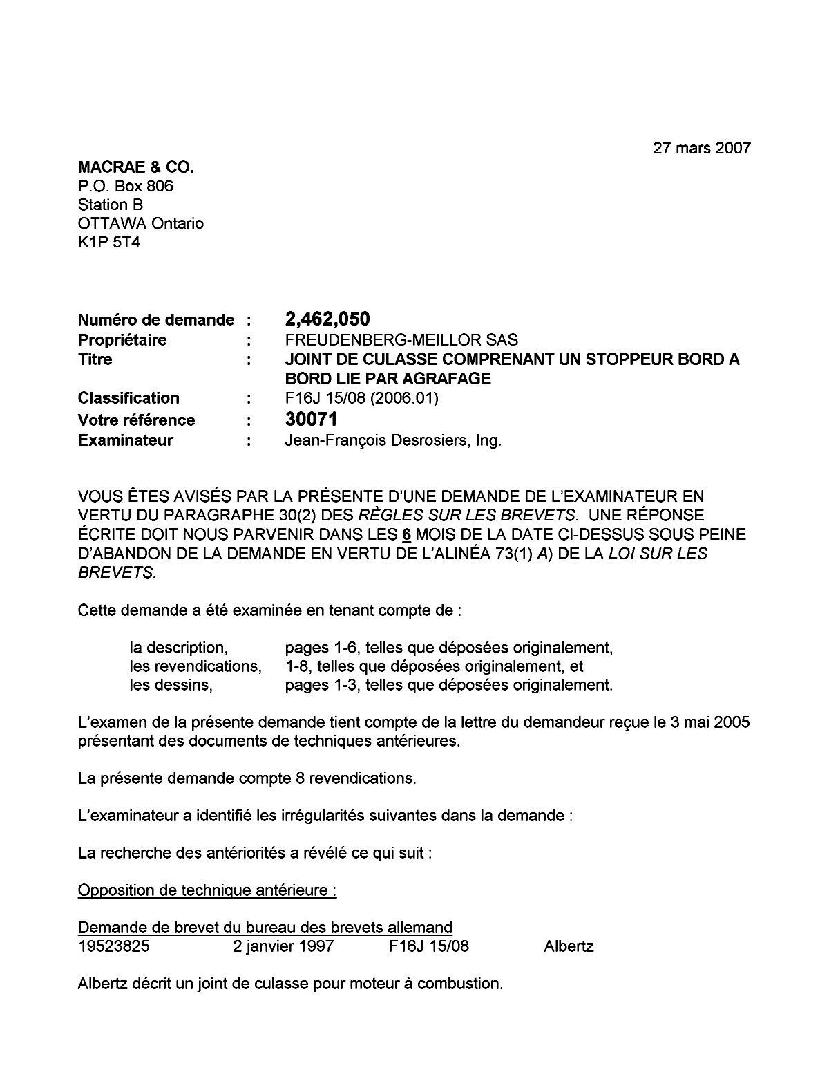 Document de brevet canadien 2462050. Poursuite-Amendment 20070327. Image 1 de 3