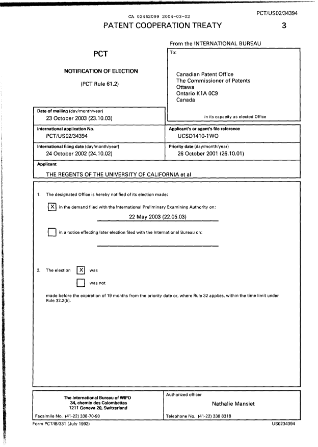 Document de brevet canadien 2462099. PCT 20040302. Image 1 de 8