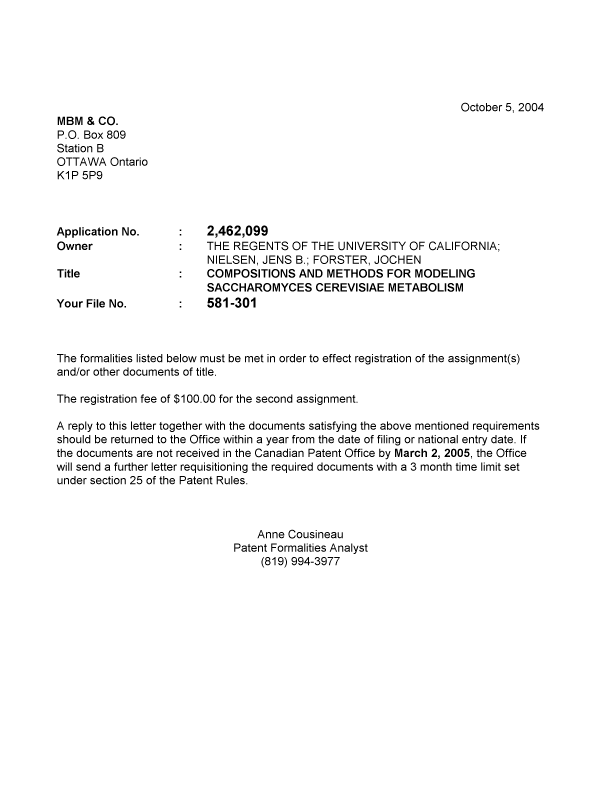 Document de brevet canadien 2462099. Correspondance 20040927. Image 1 de 1