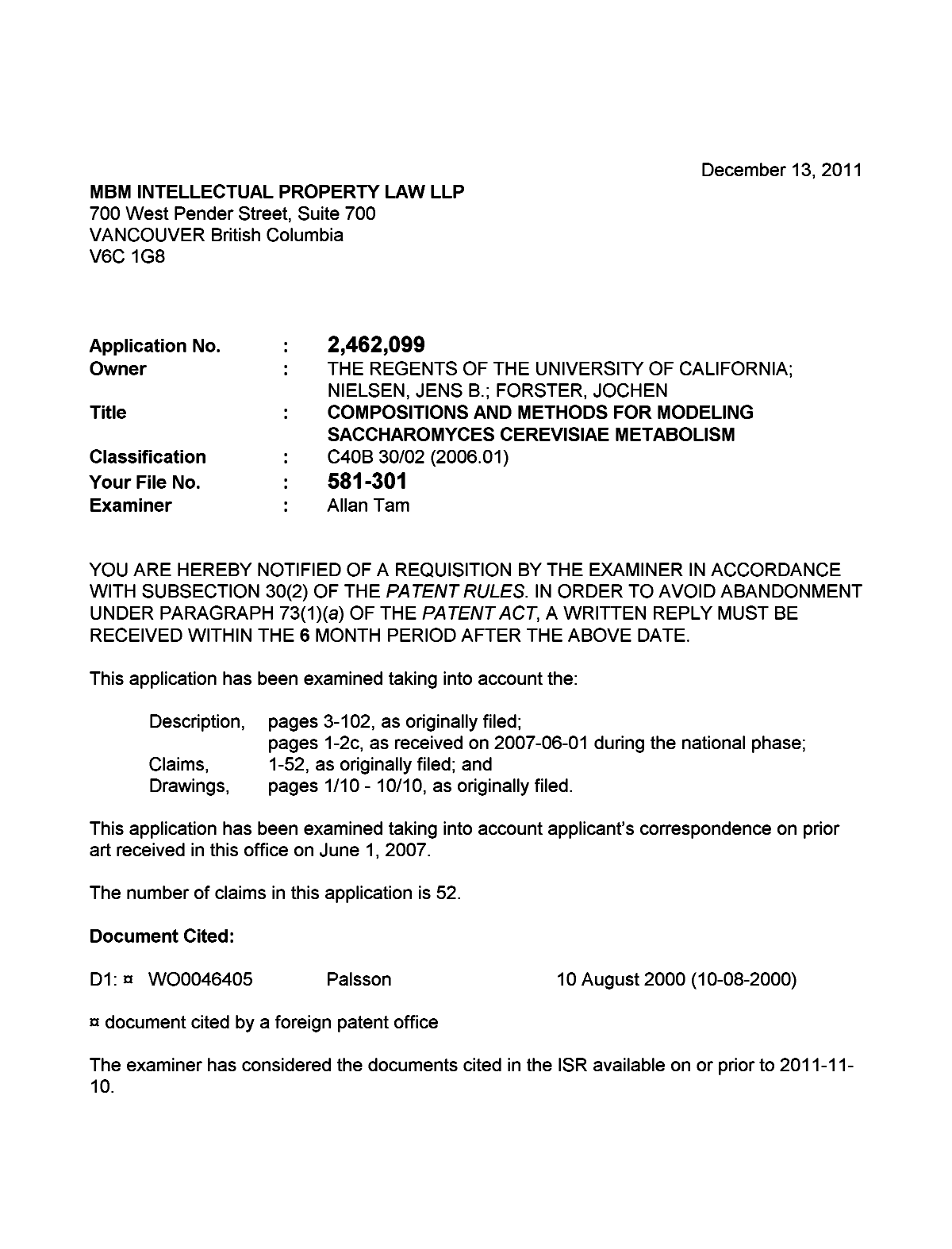 Canadian Patent Document 2462099. Prosecution-Amendment 20101213. Image 1 of 3