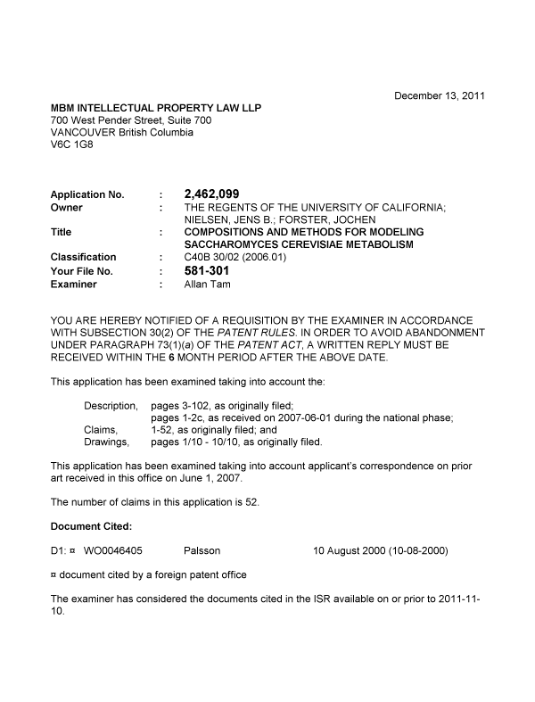 Document de brevet canadien 2462099. Poursuite-Amendment 20111213. Image 1 de 3
