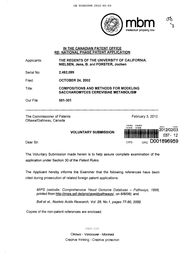 Document de brevet canadien 2462099. Poursuite-Amendment 20120203. Image 1 de 2