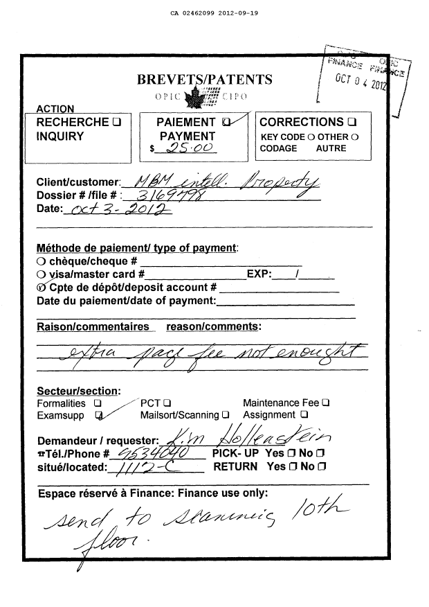 Document de brevet canadien 2462099. Correspondance 20120919. Image 1 de 3