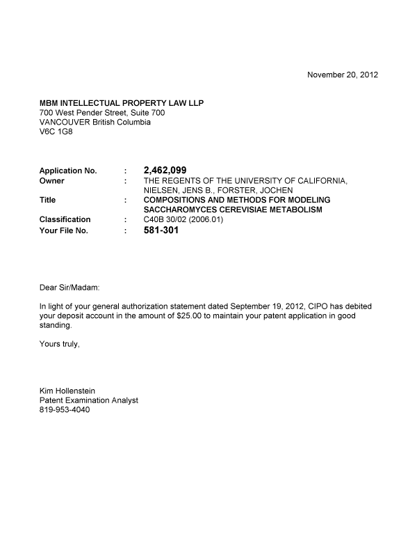 Document de brevet canadien 2462099. Poursuite-Amendment 20121120. Image 1 de 1