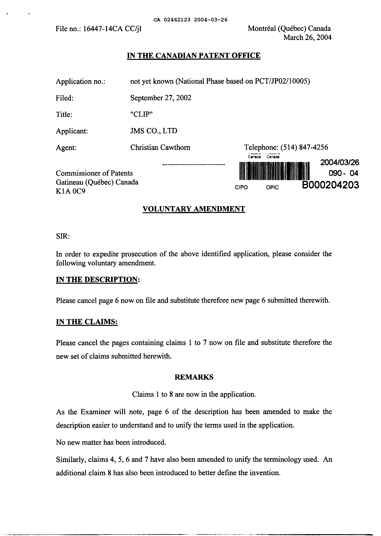 Canadian Patent Document 2462123. Prosecution-Amendment 20040326. Image 1 of 6