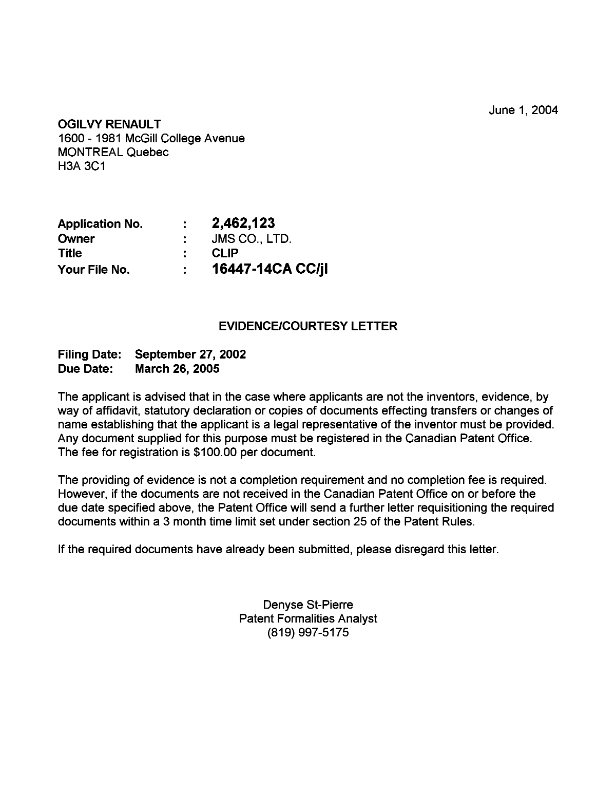 Canadian Patent Document 2462123. Correspondence 20040526. Image 1 of 1