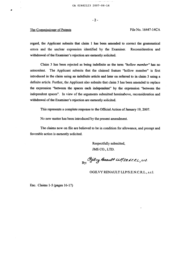 Canadian Patent Document 2462123. Prosecution-Amendment 20070614. Image 2 of 4