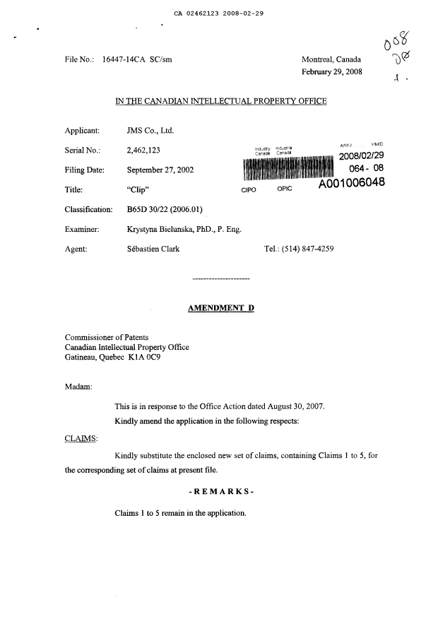 Canadian Patent Document 2462123. Prosecution-Amendment 20080229. Image 1 of 4