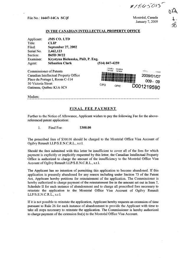 Canadian Patent Document 2462123. Correspondence 20090107. Image 1 of 2