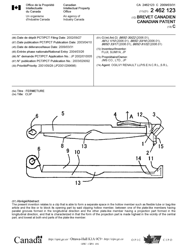 Canadian Patent Document 2462123. Cover Page 20090318. Image 1 of 1