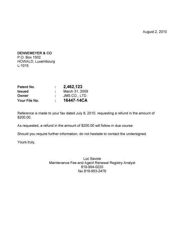 Document de brevet canadien 2462123. Correspondance 20100802. Image 1 de 1