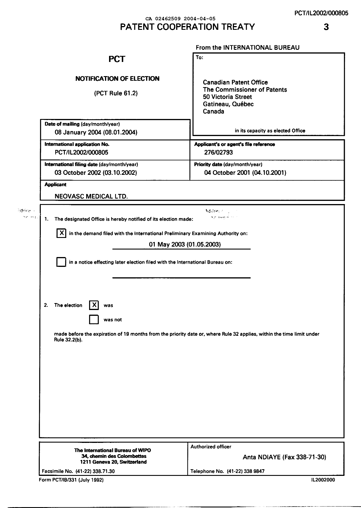 Document de brevet canadien 2462509. PCT 20040405. Image 1 de 4
