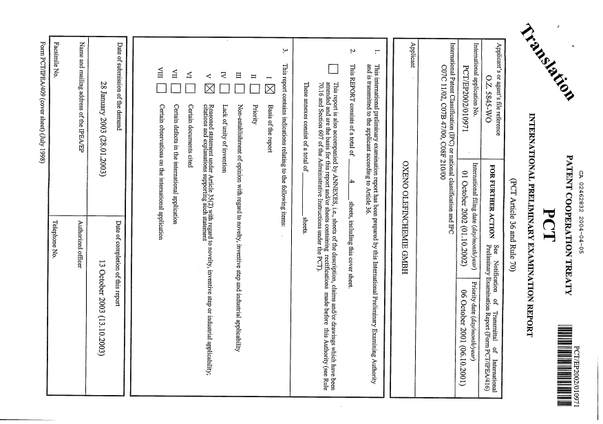 Document de brevet canadien 2462832. PCT 20040405. Image 1 de 3