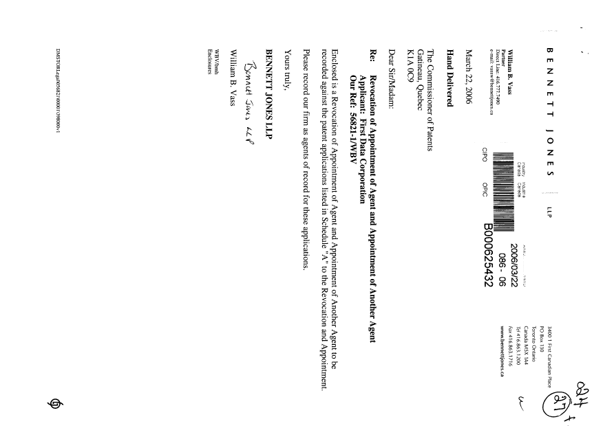 Document de brevet canadien 2462841. Correspondance 20060322. Image 1 de 4