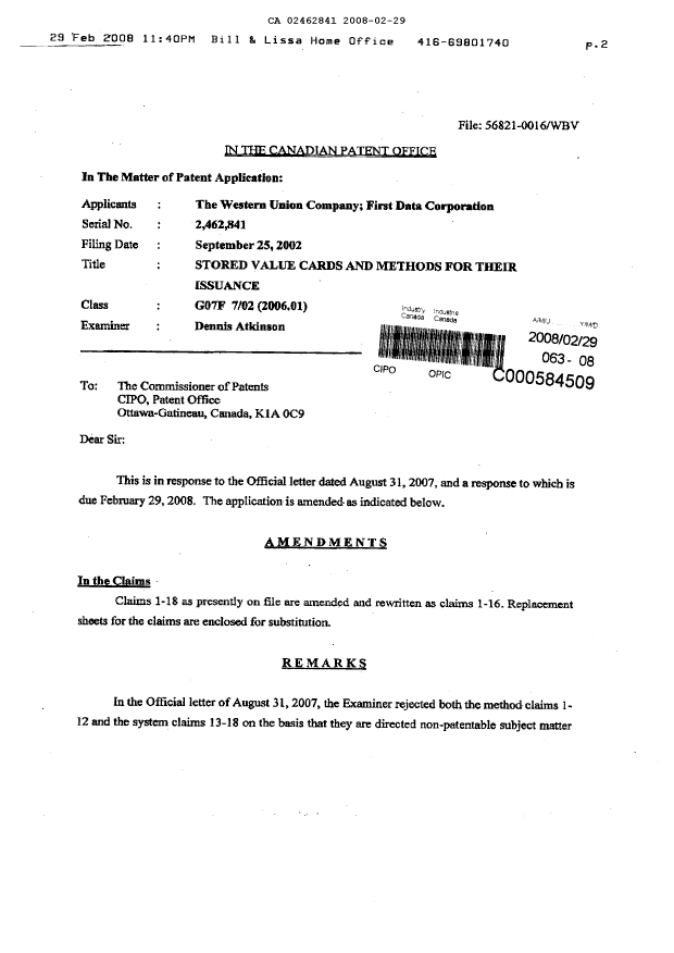 Document de brevet canadien 2462841. Poursuite-Amendment 20080229. Image 2 de 15