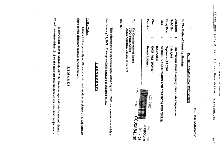 Canadian Patent Document 2462841. Prosecution-Amendment 20080229. Image 2 of 15