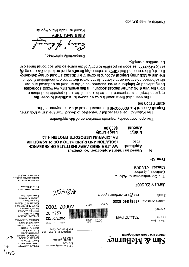 Canadian Patent Document 2462951. Prosecution-Amendment 20070123. Image 1 of 1