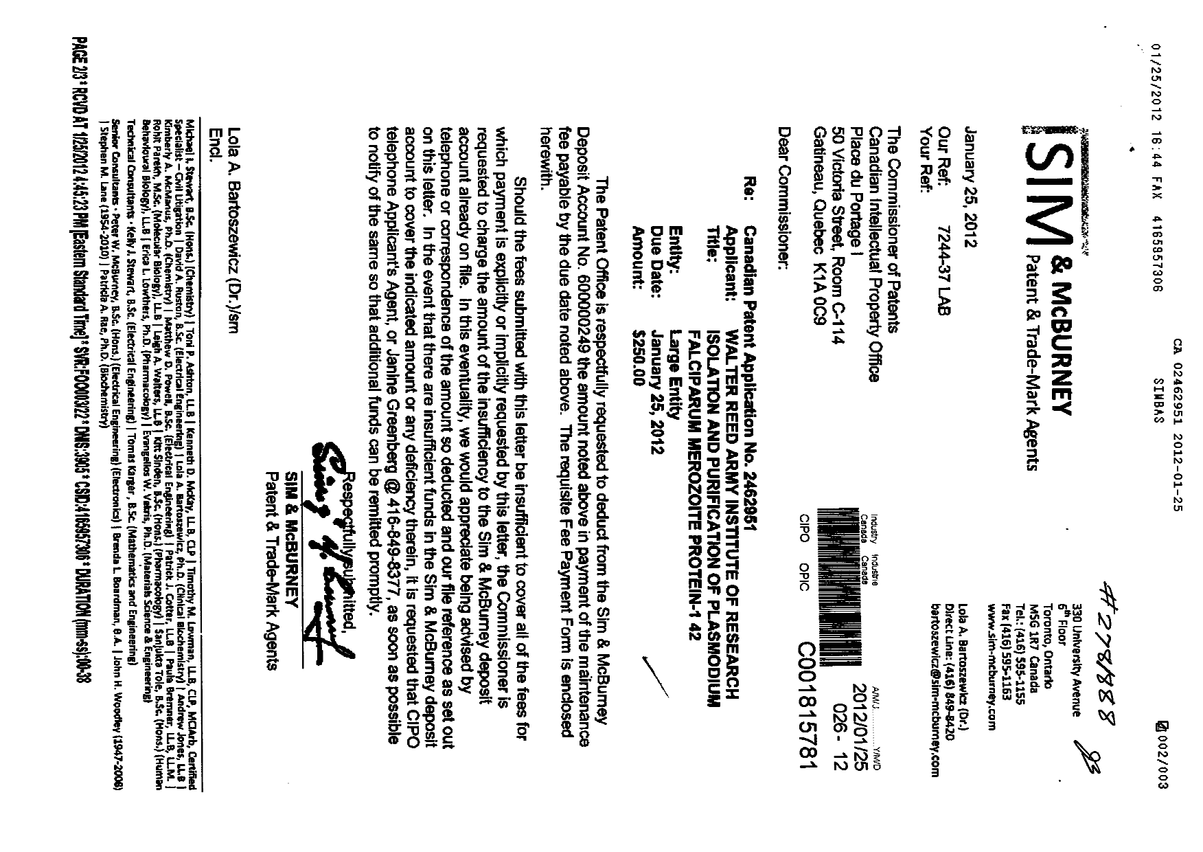 Document de brevet canadien 2462951. Taxes 20111225. Image 1 de 1