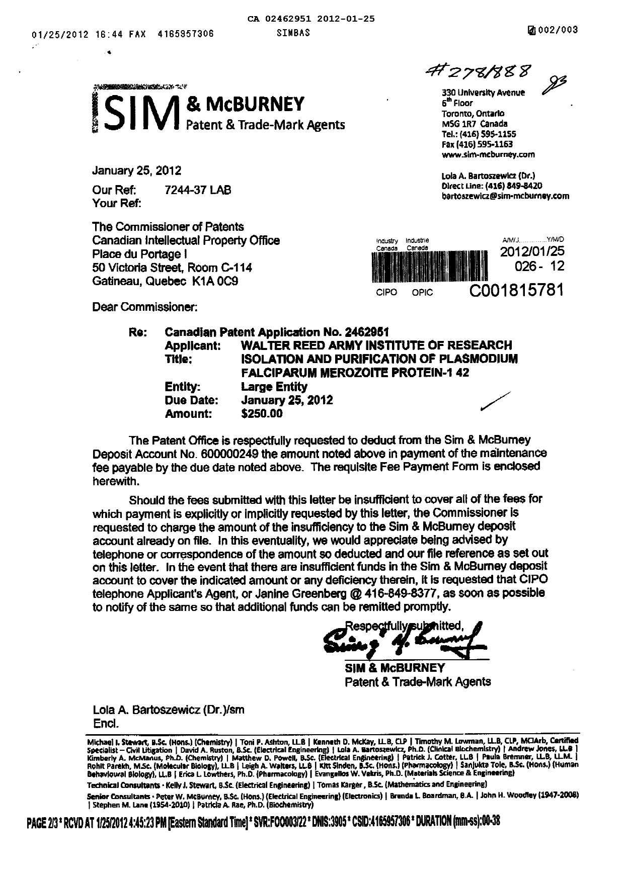 Document de brevet canadien 2462951. Taxes 20120125. Image 1 de 1