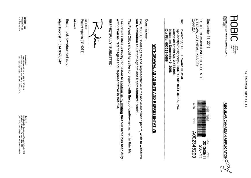 Document de brevet canadien 2462998. Correspondance 20130911. Image 1 de 1