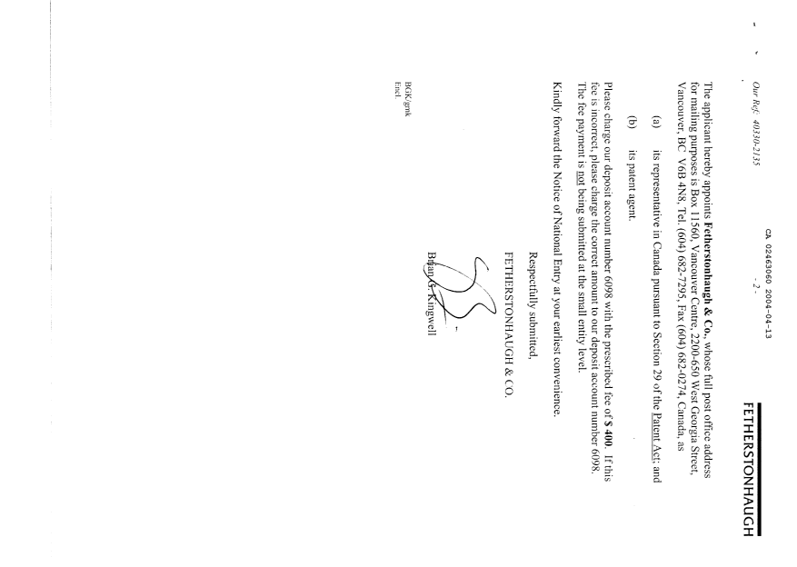 Document de brevet canadien 2463060. Cession 20031213. Image 2 de 4
