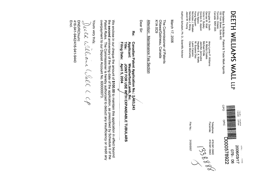 Document de brevet canadien 2463243. Taxes 20060317. Image 1 de 1