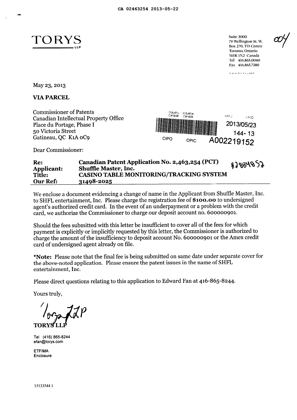 Document de brevet canadien 2463254. Cession 20130522. Image 1 de 3