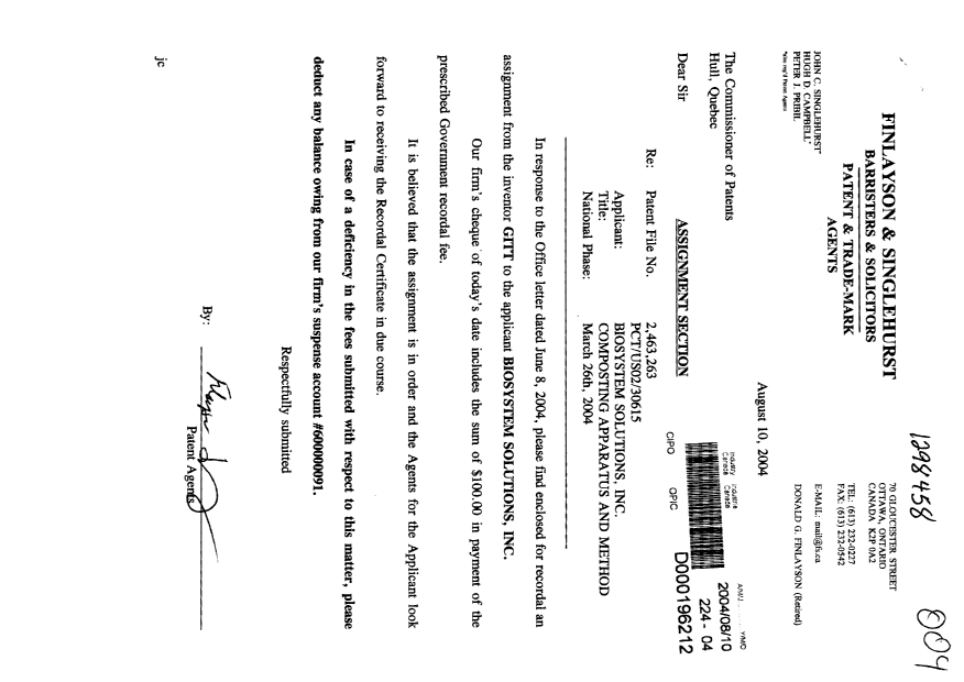 Document de brevet canadien 2463263. Cession 20040810. Image 1 de 2