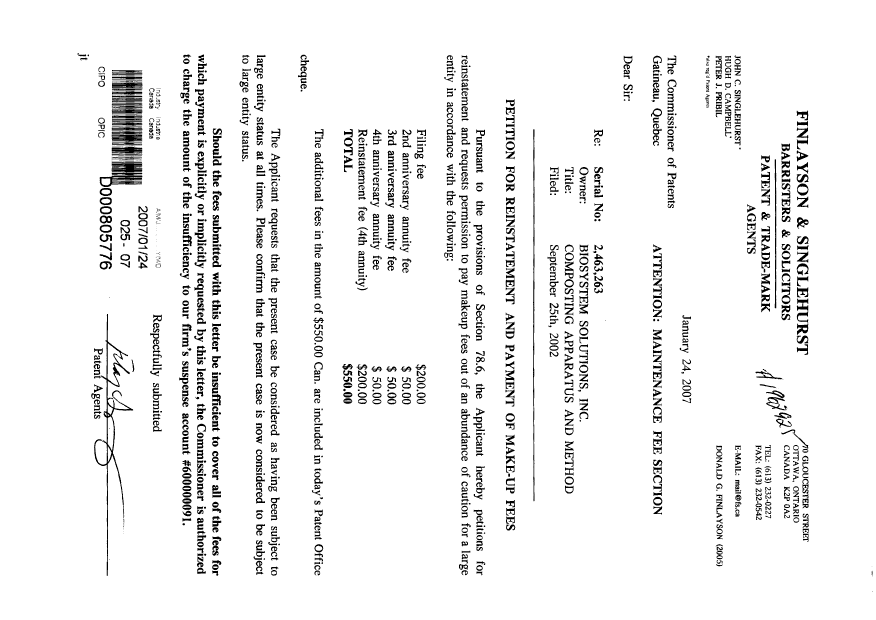 Document de brevet canadien 2463263. Poursuite-Amendment 20070124. Image 1 de 1