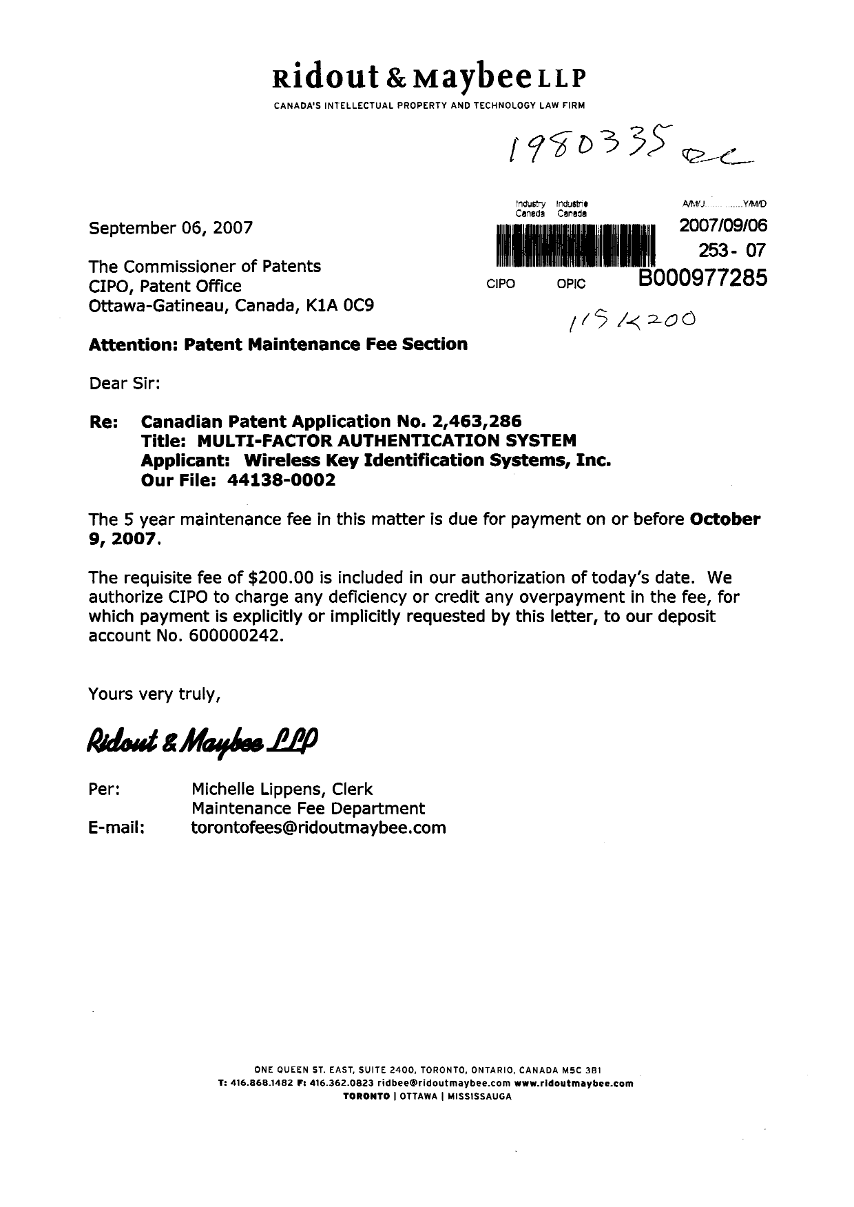 Document de brevet canadien 2463286. Taxes 20070906. Image 1 de 1