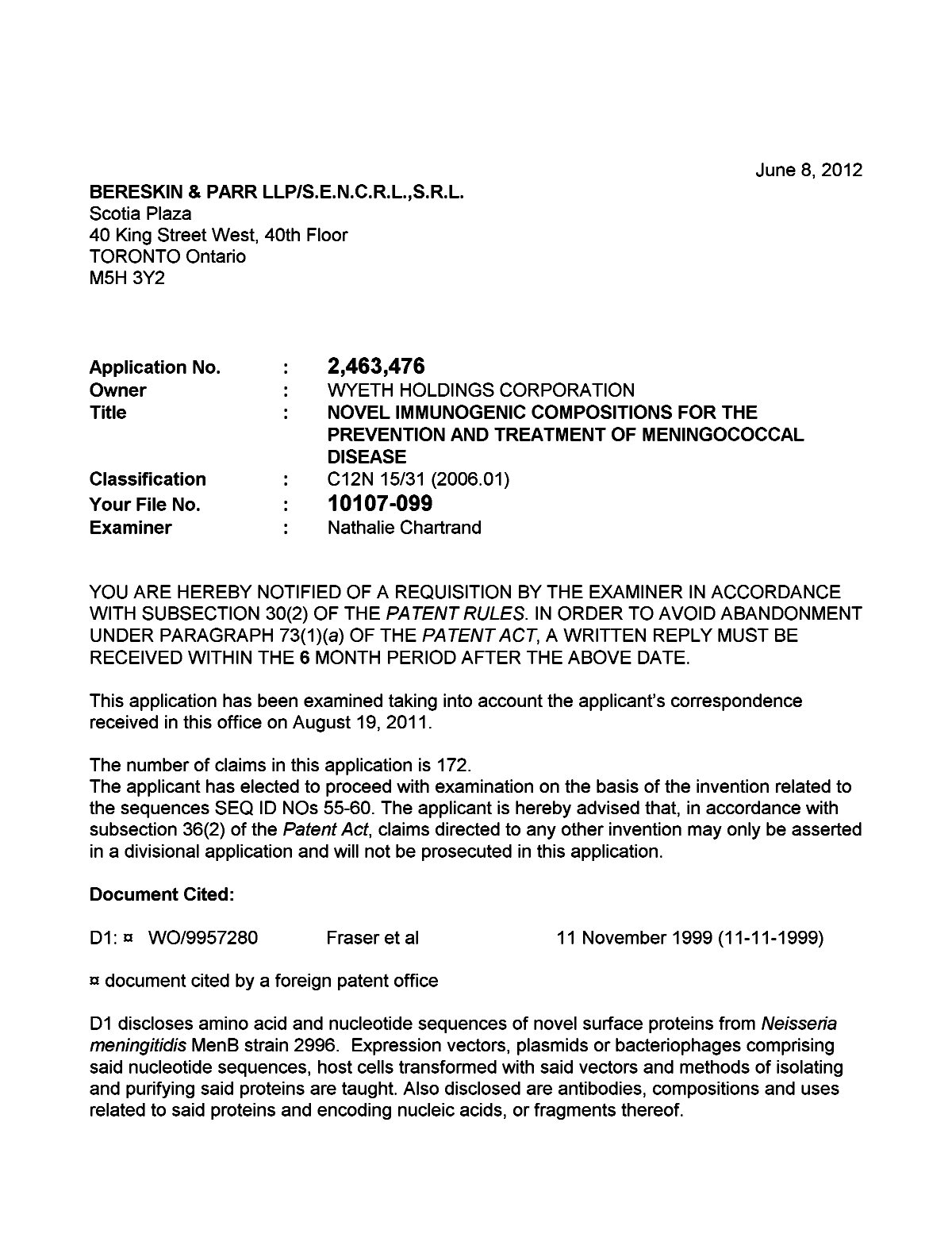 Document de brevet canadien 2463476. Poursuite-Amendment 20120608. Image 1 de 5