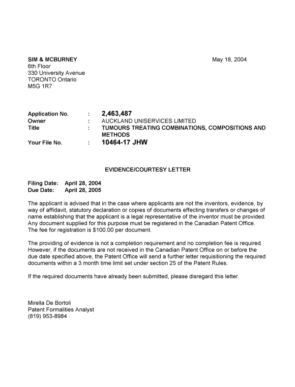 Canadian Patent Document 2463487. Correspondence 20040511. Image 1 of 1