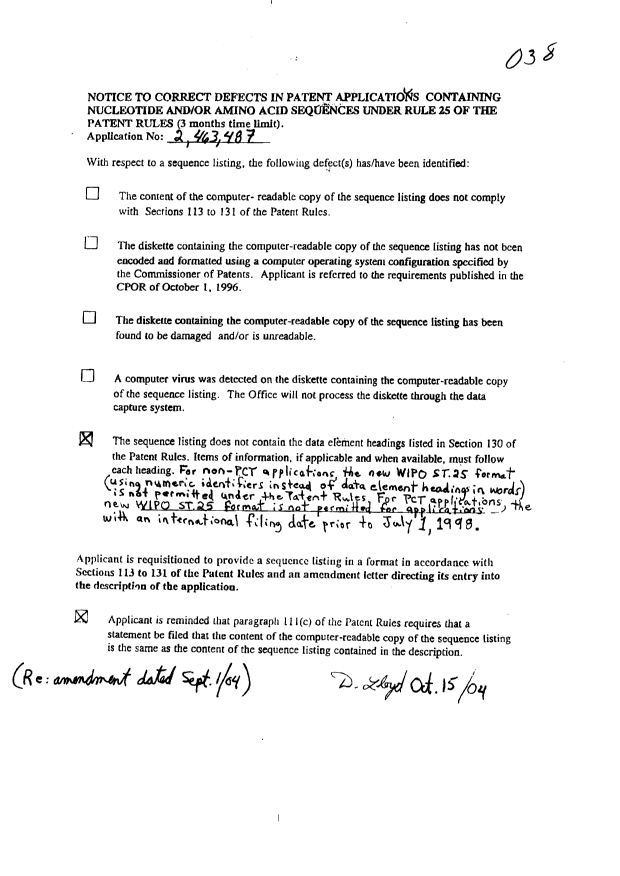 Canadian Patent Document 2463487. Prosecution-Amendment 20041015. Image 1 of 1