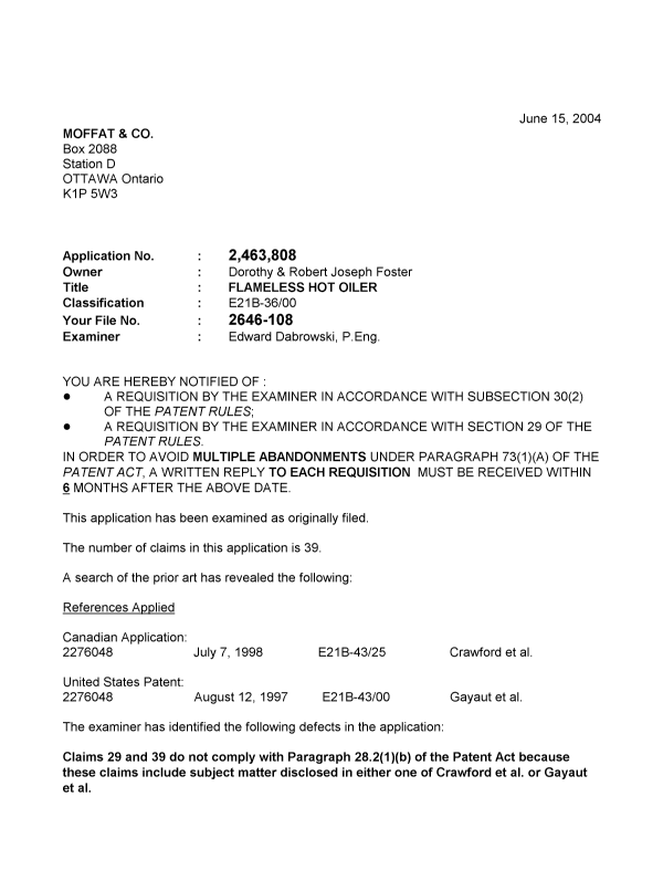 Canadian Patent Document 2463808. Prosecution-Amendment 20040615. Image 1 of 2