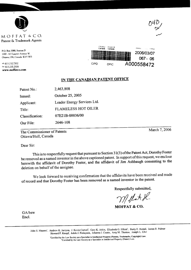 Canadian Patent Document 2463808. Correspondence 20060307. Image 1 of 4