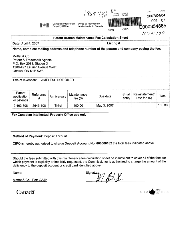 Canadian Patent Document 2463808. Fees 20070404. Image 1 of 1