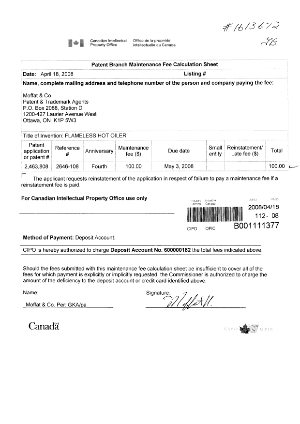 Canadian Patent Document 2463808. Fees 20080418. Image 1 of 1